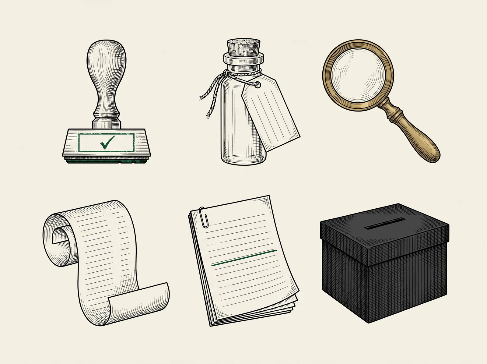 Cast sheet: stamp, vial with tag, loupe, till receipt, stapled pages with one green line, black box.